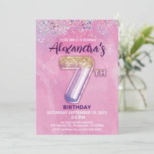 Rainbow Glitter 7th Birthday Girl Party Invitation