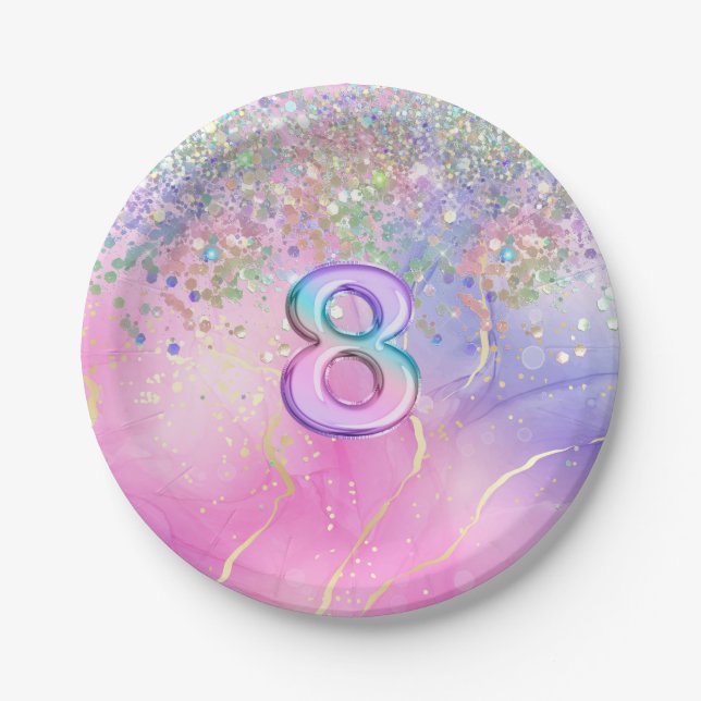 Rainbow Glitter 8th Birthday Party  Paper Plate (Front)