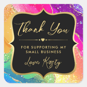 Rainbow Glitter Agate and Gold Small Business Square Sticker