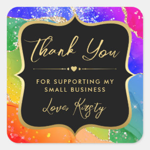 Rainbow Glitter Agate and Gold Small Business Square Sticker