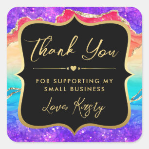 Rainbow Glitter Agate and Gold Small Business Square Sticker