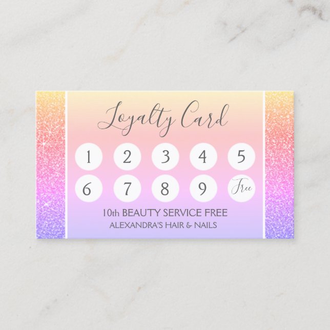Rainbow Glitter and Sparkle Girly Loyalty Punch Card (Front)