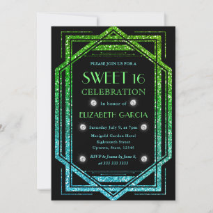 Rainbow Glitter Art Deco Vintage Frame Sweet 16 Invitation