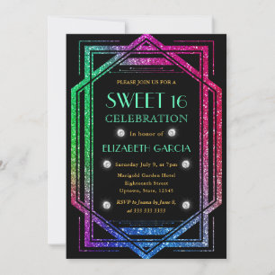 Rainbow Glitter Art Deco Vintage Frame Sweet 16 Invitation