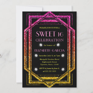 Rainbow Glitter Art Deco Vintage Frame Sweet 16 Invitation