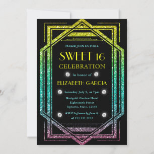 Rainbow Glitter Art Deco Vintage Frame Sweet 16 Invitation