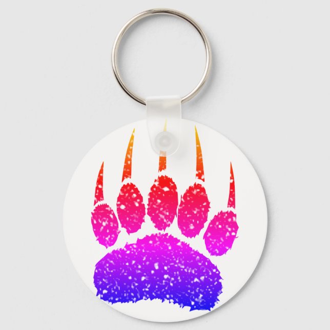 Rainbow Glitter Bear Paw Print Drawing Key Ring (Front)
