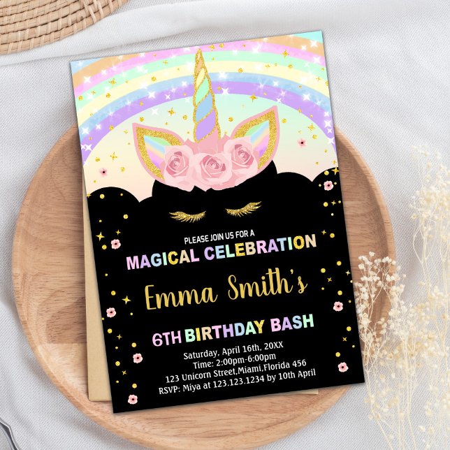 Rainbow Glitter Black Unicorn Birthday Invitations (Rainbow Glitter Black Unicorn Birthday Invitations)