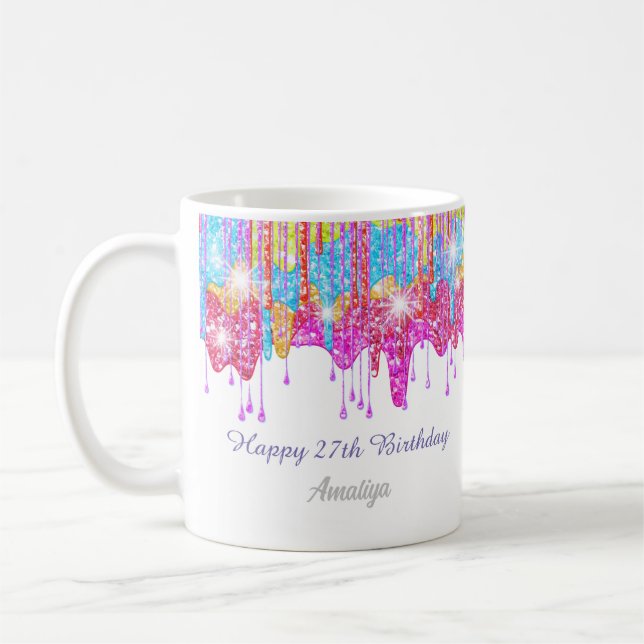 Rainbow glitter-bright colour sparkle for birthday coffee mug (Left)