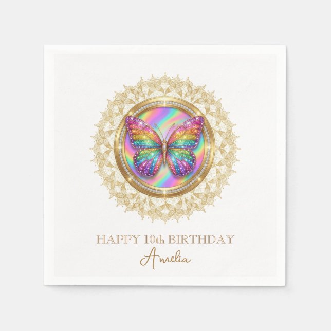 Rainbow Glitter Butterfly Elegant Lace Party Napkin (Front)
