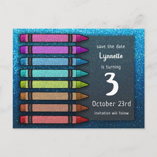 Rainbow Glitter Crayon Cute Save The Date Birthday Announcement Postcard (Front)