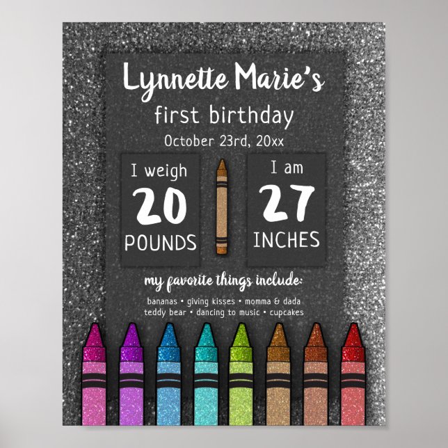 Rainbow Glitter Crayon First Birthday Baby Shower Poster (Front)