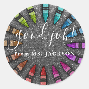 Rainbow Glitter Crayons Back To School Art Teacher Classic Round Sticker