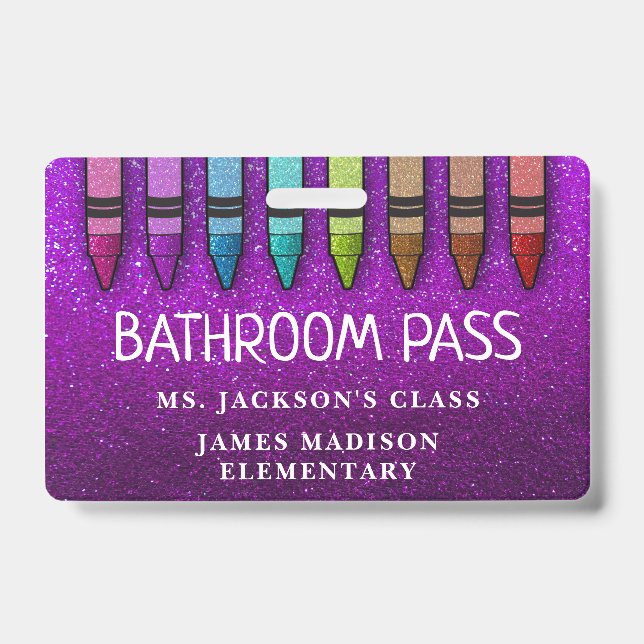 Rainbow Glitter Crayons Teacher Bathroom Hall Pass ID Badge (Front)