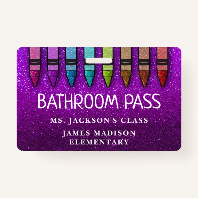 Rainbow Glitter Crayons Teacher Bathroom Hall Pass ID Badge (Front)