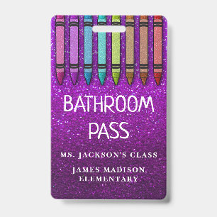 Rainbow Glitter Crayons Teacher Bathroom Hall Pass ID Badge