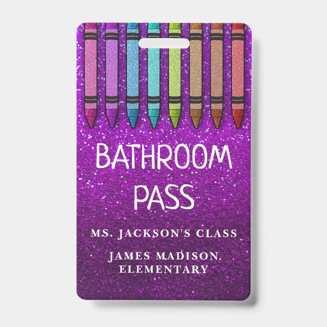 Rainbow Glitter Crayons Teacher Bathroom Hall Pass ID Badge (Front)