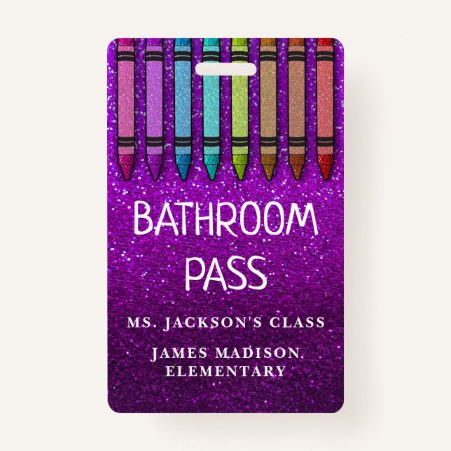 Rainbow Glitter Crayons Teacher Bathroom Hall Pass ID Badge (Front)