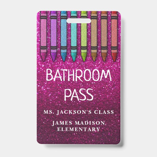 Rainbow Glitter Crayons Teacher Bathroom Hall Pass ID Badge (Front)