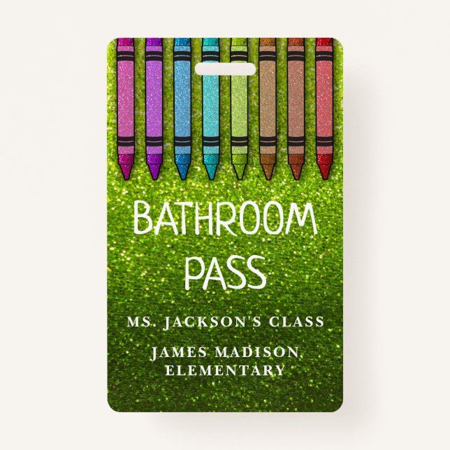 Rainbow Glitter Crayons Teacher Bathroom Hall Pass ID Badge (Front)