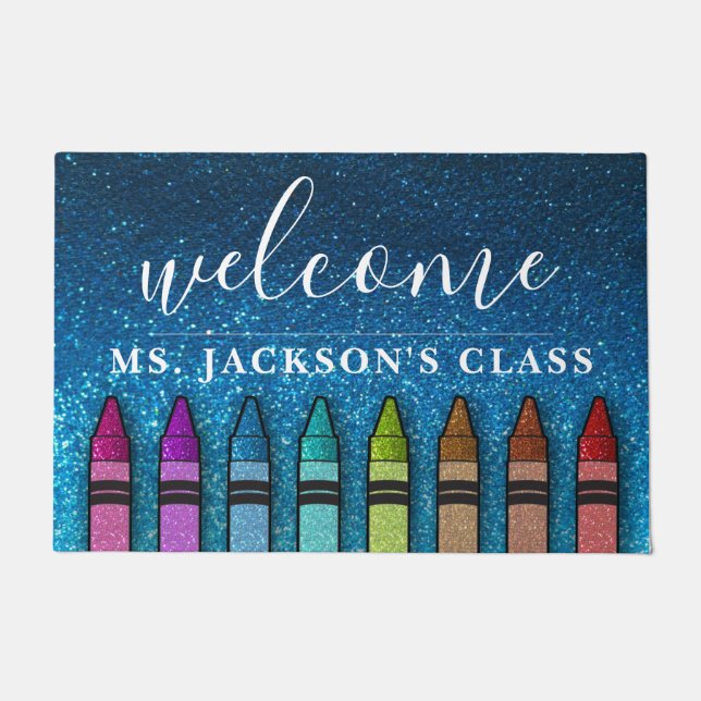 Rainbow Glitter Crayons Teacher Classroom School Doormat (Front)