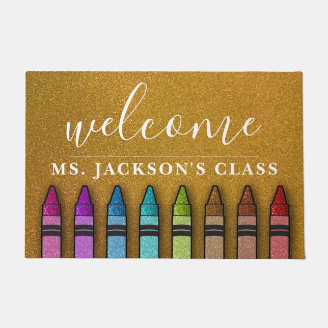 Rainbow Glitter Crayons Teacher Classroom School Doormat (Front)