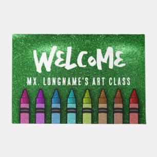 Rainbow Glitter Crayons Teacher Classroom School Doormat