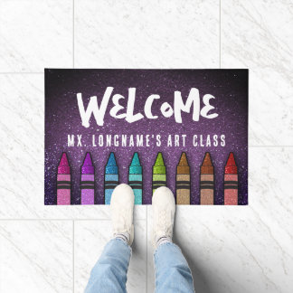 Rainbow Glitter Crayons Teacher Classroom School Doormat