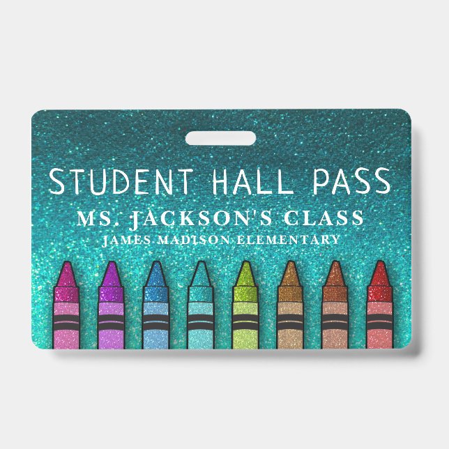 Rainbow Glitter Crayons Teacher School Hall Pass ID Badge (Front)