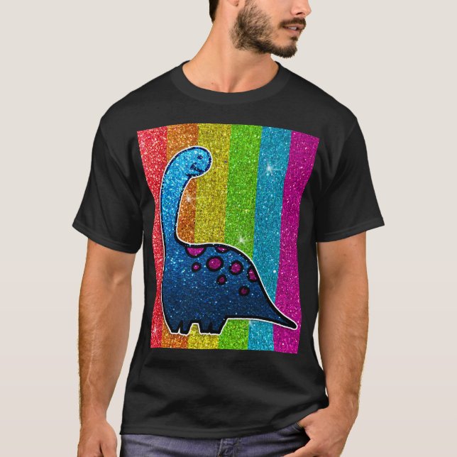 Rainbow Glitter Dinosaur Sparkly LGBT Sparkle Cute T-Shirt (Front)