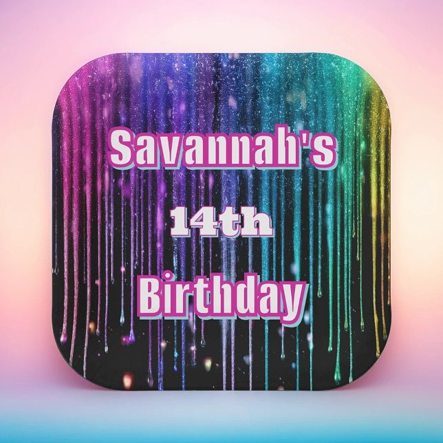 Rainbow Glitter Drip Birthday Party Paper Plate (Creator Uploaded)