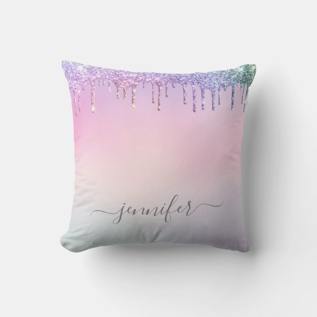 Rainbow Glitter Dripping Glam With Monogram Cushion (Front)