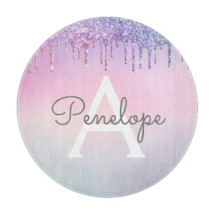 Rainbow Glitter Dripping Glam With Monogram Cutting Board