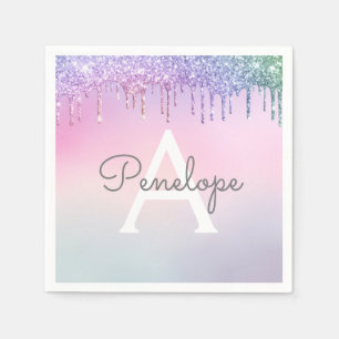 Rainbow Glitter Dripping Glam With Monogram Napkin