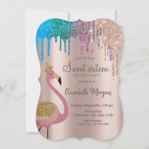 Rainbow Glitter Drips Flamingos Sweet 16 Birthday Invitation