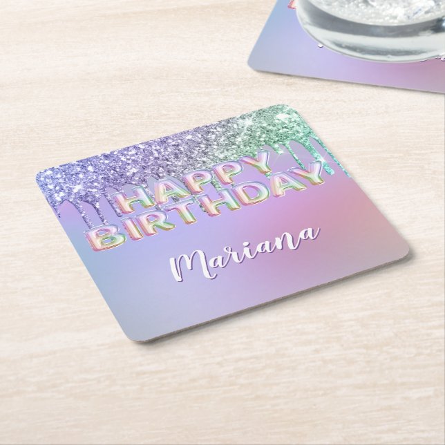 Rainbow Glitter Drips Girl Birthday Party Square Paper Coaster (Angled)