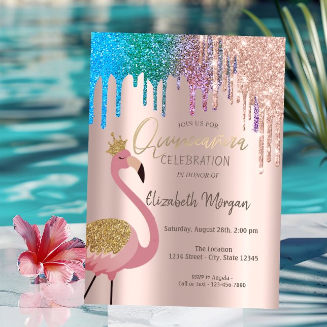 Rainbow Glitter Drips Pink Flamingos Quinceañera I Invitation (Creator Uploaded)