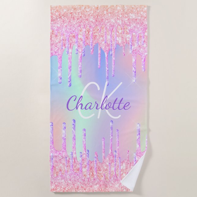 Rainbow glitter drips pink monogram beach towel (Front)