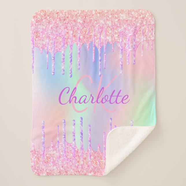 Rainbow glitter drips pink purple monogram script sherpa blanket (Front)