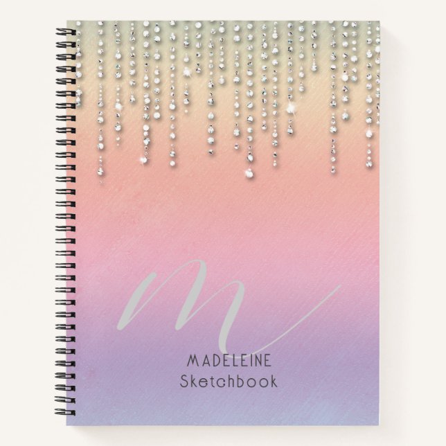 Rainbow Glitter Drips Rhinestones Monogrammed Notebook (Front)
