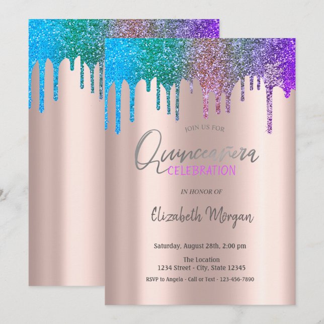 Rainbow Glitter Drips Rose Gold  Quinceañera Invitation (Front/Back)
