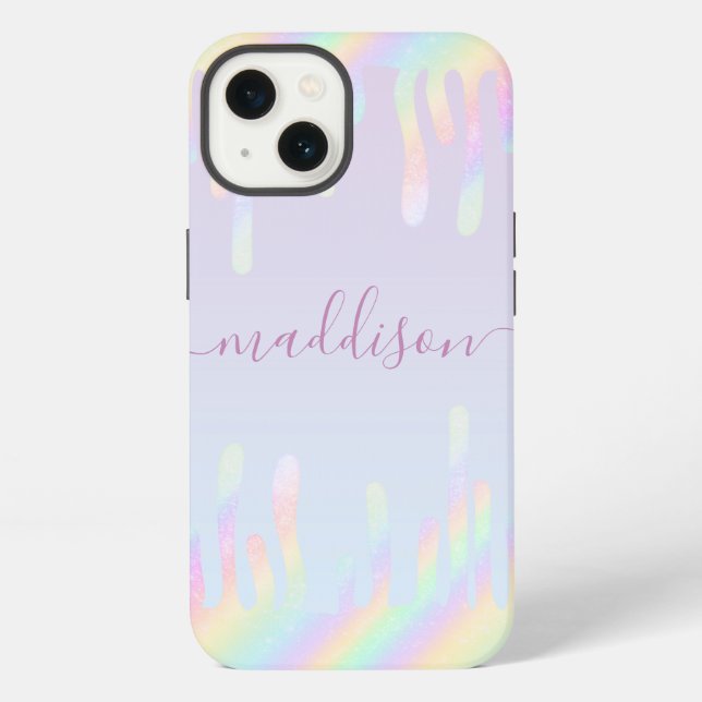 Rainbow Glitter Elegant Script Name iPhone Case (Back)