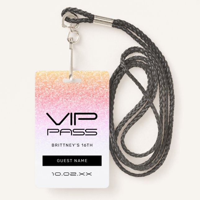 Rainbow Glitter Glam VIP Pass 16th Invitation ID Badge (Front with Lanyard)