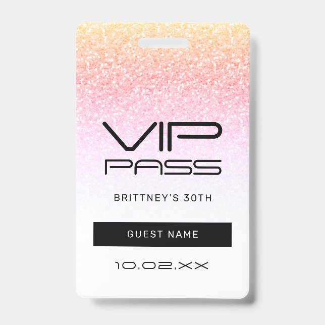 Rainbow Glitter Glam VIP Pass 30th Invitation ID Badge (Front)