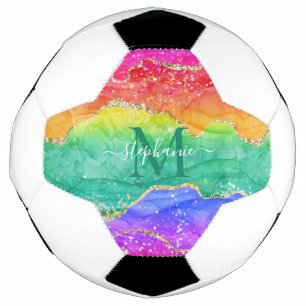 Rainbow Glitter Gold Agate Monogram Soccer Ball