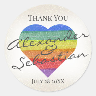 Rainbow Glitter Heart Custom Names and Date Classic Round Sticker