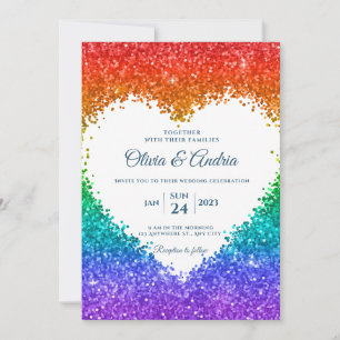 Rainbow Glitter Heart frame gay pride wedding Invitation