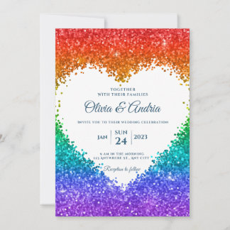 Rainbow Glitter Heart frame gay pride wedding Invitation
