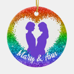 Rainbow Glitter Heart LGBT Lesbian Christmas Names Ceramic Ornament