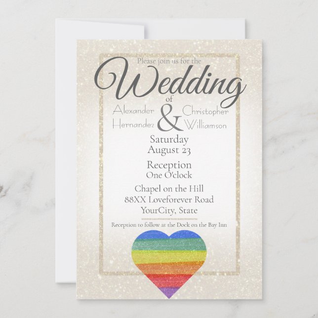 Rainbow Glitter Heart Pride Flag Gay Marriage Invitation (Back)